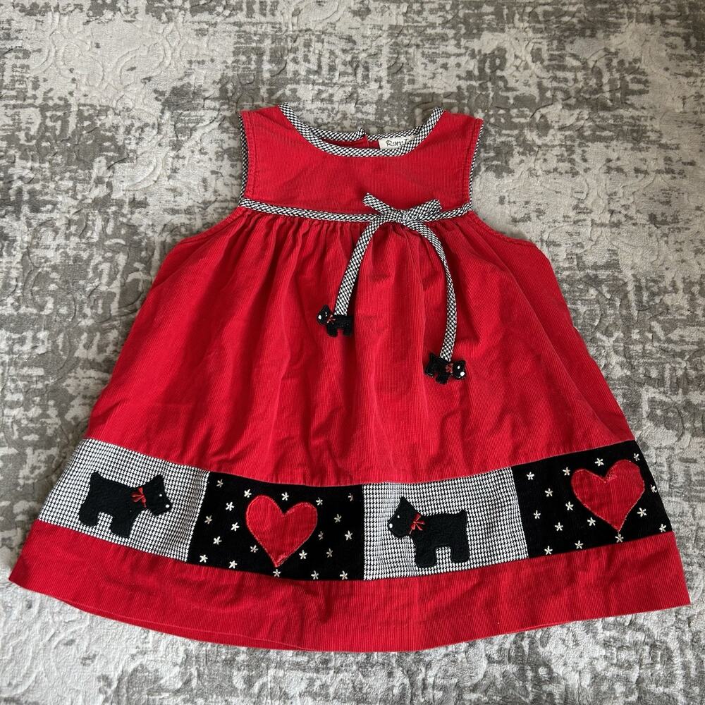 Rare Too Girls Red Corduroy Scottie Dog Heart Gingham Check Jumper Dress Size 6